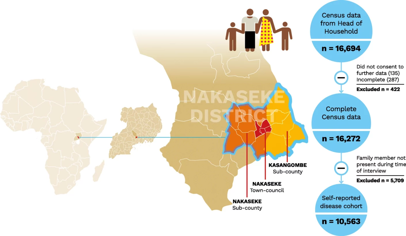 Selected sub-districts of Nakaseke. The highlighted areas represent Nakaseke Sub-county (left), Nakaseke Town Council (center), and Kasangombe Sub-county (right). The flow chart demonstrates the number of respondents included in the study.